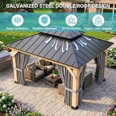 10&rsquo;x12&rsquo;Outdoor Hardtop Wood Gazebo with Cedar Frame&Galvanized Steel Double Roof