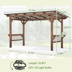 13×6.5 FT Wooden Pergola w/ Metal Roof, Bar Counters & Lights – Brown