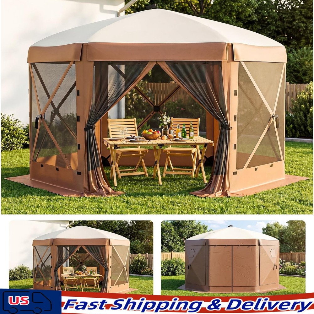 Gazebo Screen Tent 12x12FT 6-Sided Removable Canopy Bite-Proof Mesh Brown