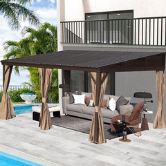 Domi 12x16FT Hardtop Gazebo Against Wall w/Sloping Steel Roof,Curtains&Netting