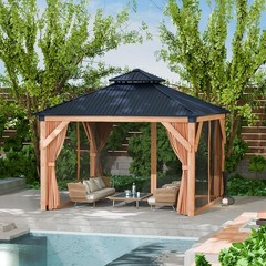 Wood Gazebo 10×10 ft with Double Galvanized Steel Roof for Patio Backyard Garden
