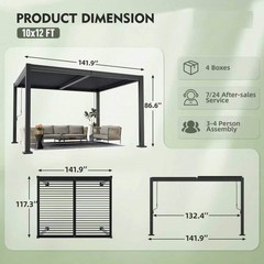 10 x 12 ft Outdoor Louvered Pergola With Water-tight Adjustable Roof, Black