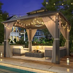 10×12 FT Hardtop Gazebo, Aluminum Frame, Steel Roof, Nettings & Curtains, Gray