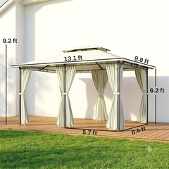 Large Outside Relaxing Cabana w/ Steel Frame & Removable Curtains, Cream White