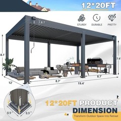 20×10/12 FT Louvered Pergola Aluminum Outdoor Gazebo Adjustable Roof Screens
