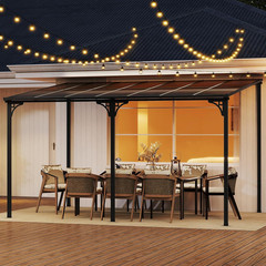 10X13 Ft Lean-To Wall-Mounted Gazebo, Large Hardtop Pergola with Sloped Polycarb