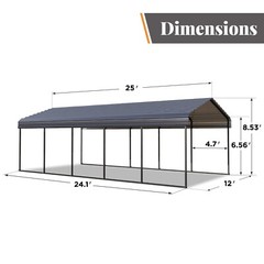 12×25 ft Galvanized Roof Steel Carport Outdoor Heavy Duty Gazebo Garage Shelter