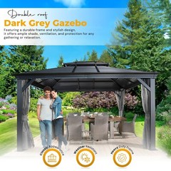 Hardtop Gazebo with Galvanized Steel Double Roof, Rustproof Aluminum Frame, Grey
