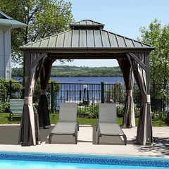 Domi 8’ x 8’ Hardtop Gazebo Outdoor Aluminum Gazebo w/Curtains and Net, Gray