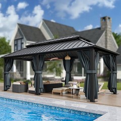 HOTEEL 12×20 Hardtop Gazebo Galvanized Steel Double Roof Flame-Resistant Curtain