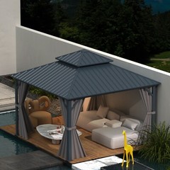 Domi 12’ x 12’ Hardtop Gazebo Outdoor Aluminum Gazebo w/Curtains and Net Gray