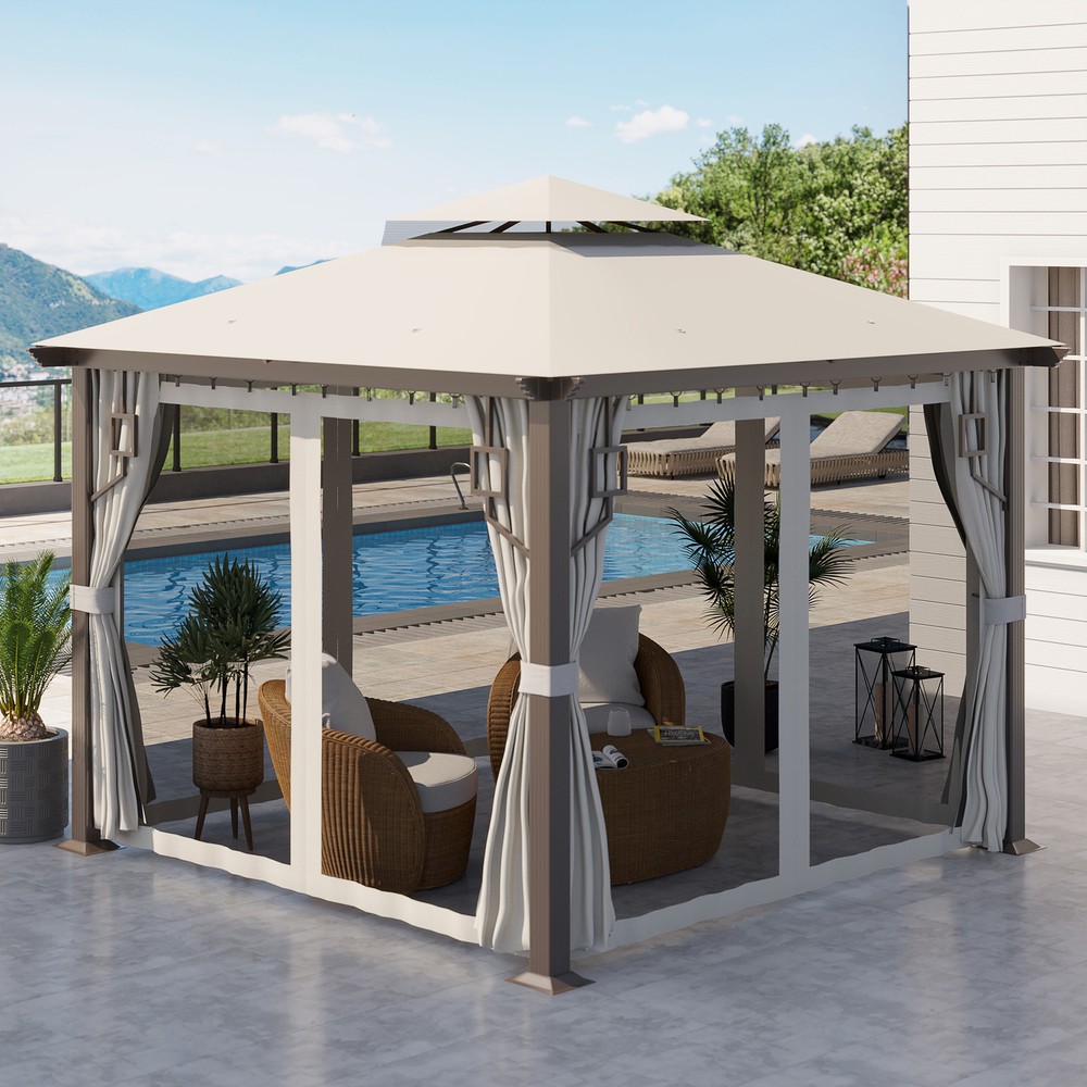 10&prime; Patio Gazebo, Mesh Netting, Curtains, 2-Tier Vented Canopy, Cream White