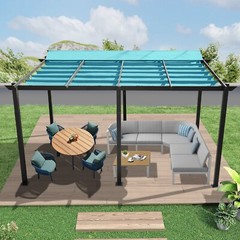 11X16ft Outdoor Retractable Pergola w/Canopy Aluminum Grill Gazebo (Lake Blue)