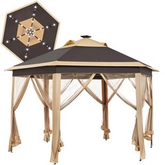 13×13 Pop-Up Patio Gazebo Tent W/Mesh Netting Sides & 25 Solar LED Lights, Brown