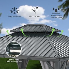 Domi 10x12FT Outdoor Hardtop Gazebo Aluminum Double Roof w/Curtain&Netting,Grey
