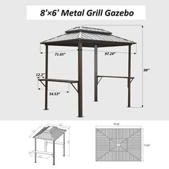 Domi Aluminum Grill BBQ Gazebo 8&prime; × 6&prime; Metal Frame w/Shelves Tables (Brown)