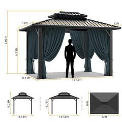 10×12 Hardtop Gazebo,Galvanized Steel Double Roof Patio Gazebo w/Curtain Netting