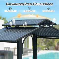 8×5FT Hardtop Grill Gazebo BBQ Double Roof Galvanized Steel W/Side Shelves Gray