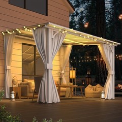 Wall Mounted Hardtop Gazebo Lean to Metal Pergola with Curtains Netting Patio