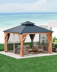 10×10 FT Wood Gazebo Hardtop Gazebo Double Metal Roof with Netting & Curtain