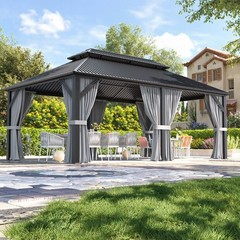 12 x 20 ft Hardtop Gazebo with Nettings and Curtains, Steel Double Roof Gazebo