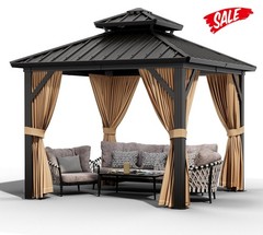 10×10 FT Hardtop Gazebo,Galvanized Aluminum Framed Double Roof Netting & Curtain
