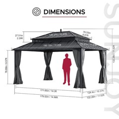 16 ft x 12 ft Aluminum Frame Steel Double Roof Hardtop Rectangular Gazebo, Grey