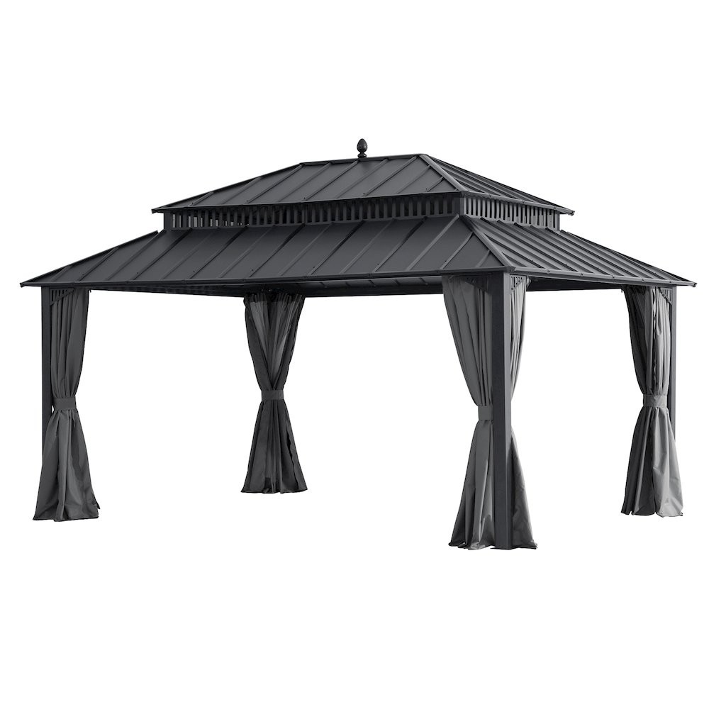 16 ft x 12 ft Aluminum Frame Steel Double Roof Hardtop Rectangular Gazebo, Grey