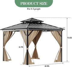 Hardtop Gazebo Heavy-Duty Aluminum Pavilion with Double Metal Roof Mosquito US