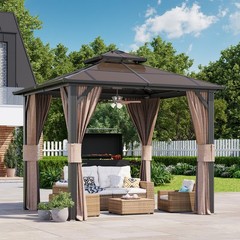 10×10 FT Aluminum Hardtop Gazebo, Double Roof, Curtains & Netting, Outdoor Patio