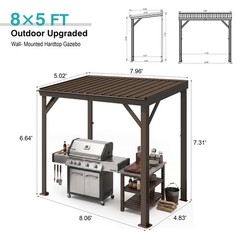 8x5FT Hardtop Wall Mounted Gazebo, Brown Galvanized Steel Roof