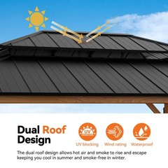 12 x 16 FT Outdoor Hardtop Gazebo Double Roof Wooden Looking w/ 4 LED Lights