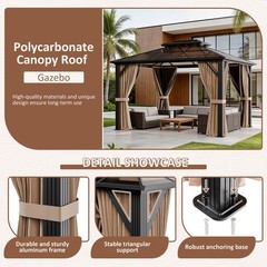 10×12 Hardtop Gazebo Double PC Roof Canopy W/Curtains and Net,Aluminum Frame