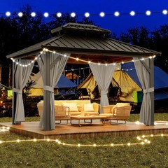 10×12 FT Hardtop Gazebo,Galvanized Steel Double Roof Patio Gazebo with Netting
