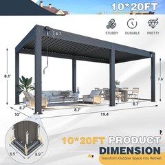 20×10/12 FT Louvered Pergola Aluminum Outdoor Gazebo Adjustable Roof Screens