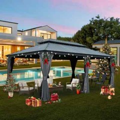 Domi 12x20Ft Hardtop Gazebo Double Roof w/Curtain&Netting,Built-in gutter system