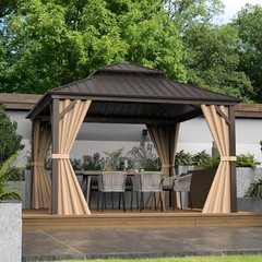 Domi 12’ x 12’ Hardtop Gazebo Outdoor Aluminum Gazebo w/Curtain and Net, Brown