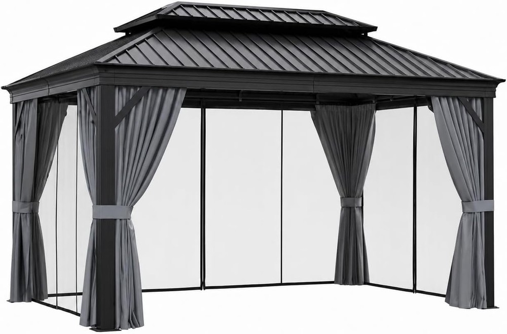 12×20 FT Hardtop Gazebo Aluminum Frame Double Roof with Netting Curtains Outdoor