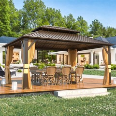 Hardtop Aluminum Gazebo Double Roof with Curtains Mosquito Netting Patio