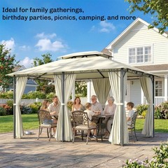 Large Outside Relaxing Cabana w/ Steel Frame & Removable Curtains, Cream White