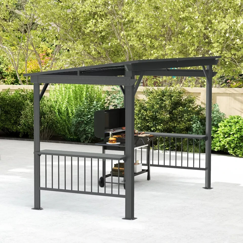 6.5x12FT Outdoor Hardtop Grill Gazebo w/2 Side Shelves and Ceiling Hook,Gray
