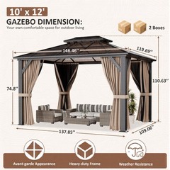 10×12 Hardtop Gazebo Double PC Roof Canopy W/Curtains and Net,Aluminum Frame