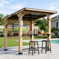 6&rsquo;x8&rsquo;Outdoor Grill Gazebo,Cedar Wood Patio Bar Gazebo with Galvanized Steel Roof
