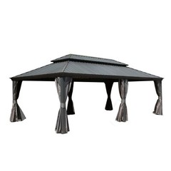14x24FT Outdoor Hardtop Gazebo Patio Aluminum Double Roof W/Curtain Netting Gray
