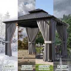10 x 12 ft Hardtop Gazebo with Nettings and Curtains, Steel Double Roof Gazebo