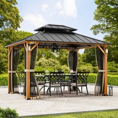 Outdoor Hardtop Gazebo Galvanized Steel Double Roof w/4 LED Lights and Nettings