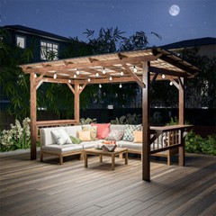 13&prime; x 6.5&prime; Wooden Pergola Grill Gazebo with Metal Roof & Bulbs & Bar Counters