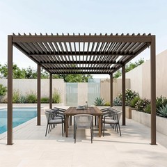 Domi 12x24FT Metal Louvered Pergola W/Adjustable Roof&Drainage System,Brown