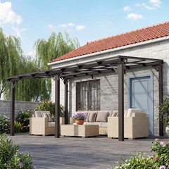 10×14 FT Wall-Mounted Gazebo, Polycarbonate Roof, Aluminum Frame for Patio, Gray