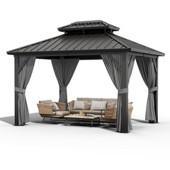 10×12 FT Hardtop Gazebo,Galvanized Steel Double Roof Patio Gazebo with Netting